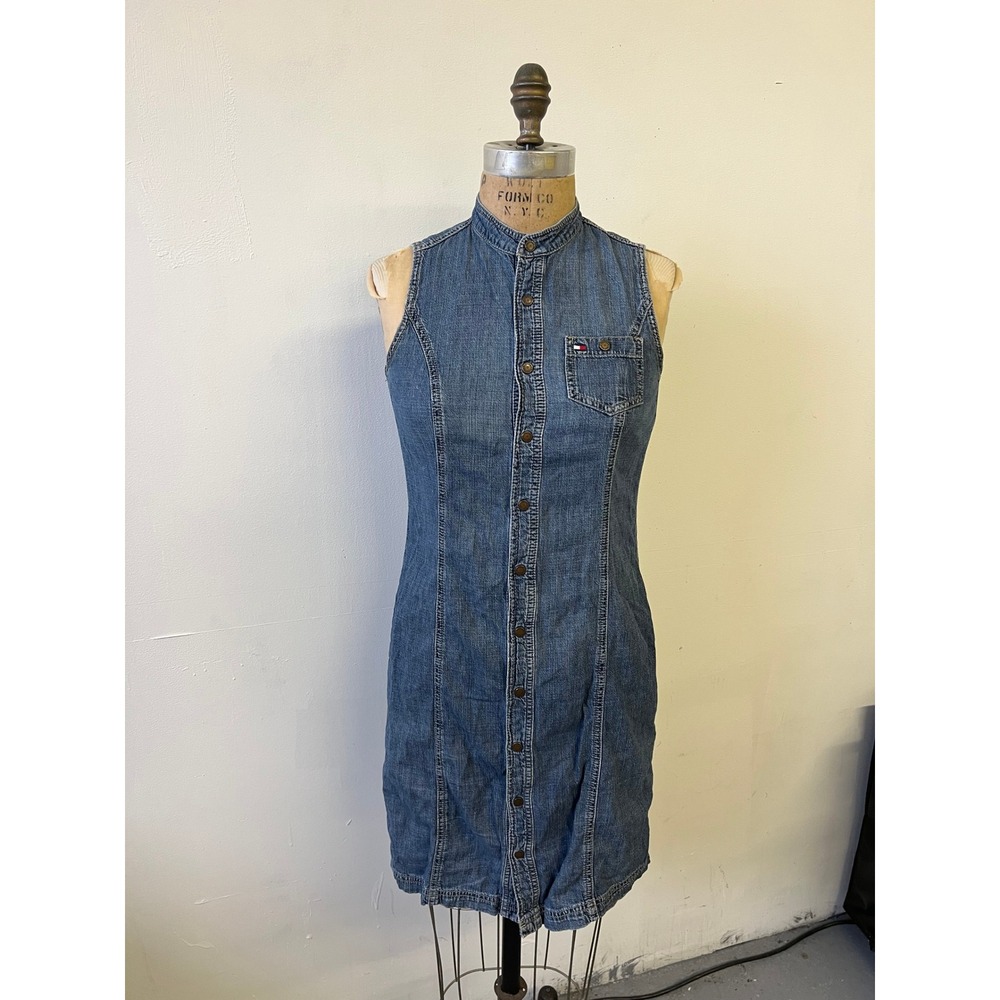 Tommy Hilfiger Denim Mini Dress Womens 4 Blue Sleeveless Button Down Mandarin